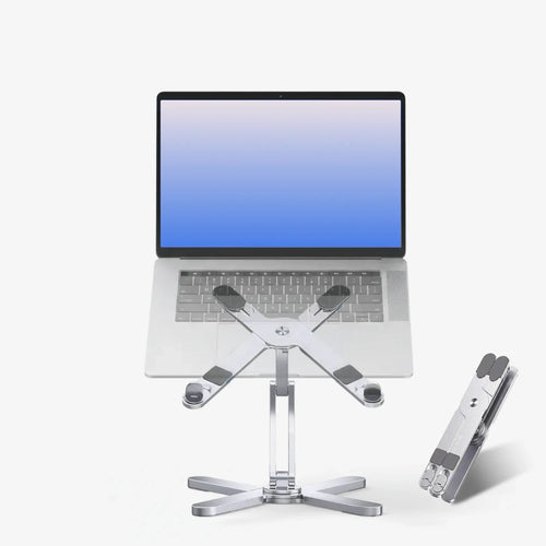 background: #f5f5f5; background: linear-gradient(90deg, rgba(245, 245, 245, 1) 23%, rgba(182, 188, 191, 1) 100%);  Black laptop stand with features listed on a white background
